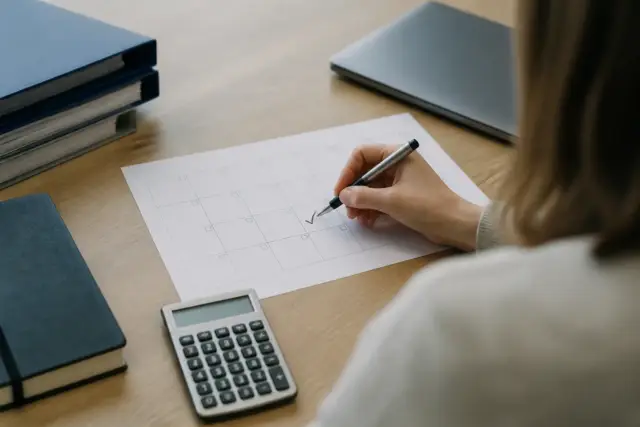 Calendrier d’échéances de déclaration de chiffre d’affaires avec une case cochée et une calculatrice