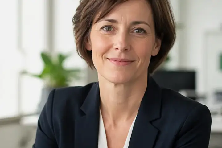 Portrait de Nadia Sauvaget, cheveux bruns courts, veste sombre, léger sourire, fond de bureau clair et flou
