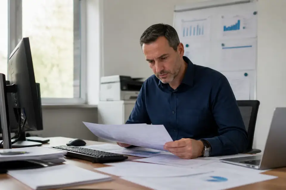 Homme analysant des documents du nouveau plan comptable pour 2026 dans un bureau moderne