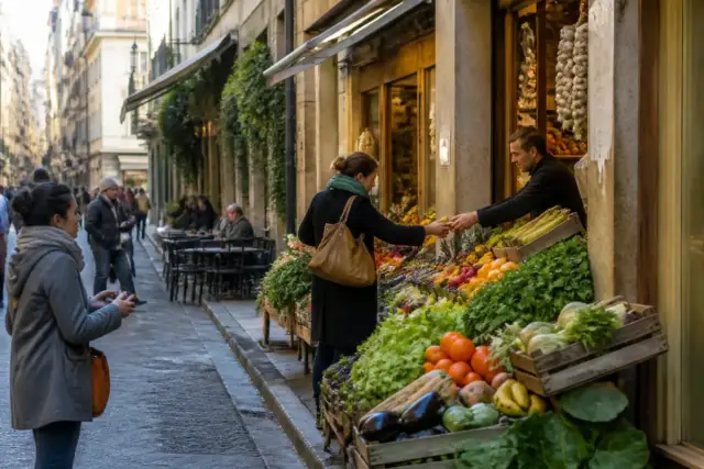 Marché coloré en centre-ville de Lyon, scène locale représentative de pointlocal.fr Lyon