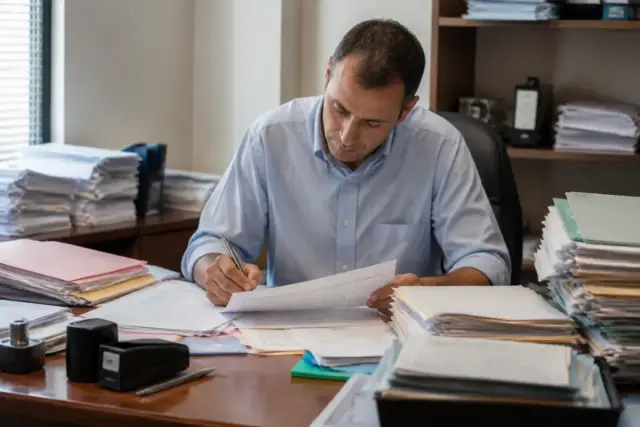 Homme travaillant à un bureau, étudiant des documents selon un principe comptable rigoureux
