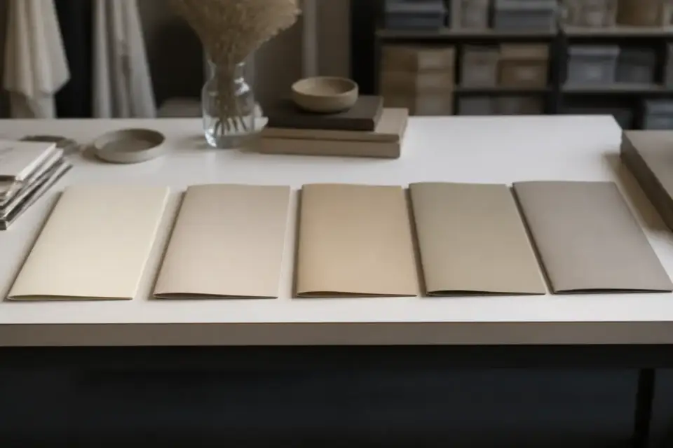 Table de travail claire avec cinq chemises cartonnées de couleurs neutres alignées, lumière douce, sans texte lisible