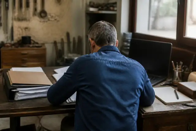 Un artisan à son établi, un classeur de documents professionnels posé à côté d’un dossier personnel