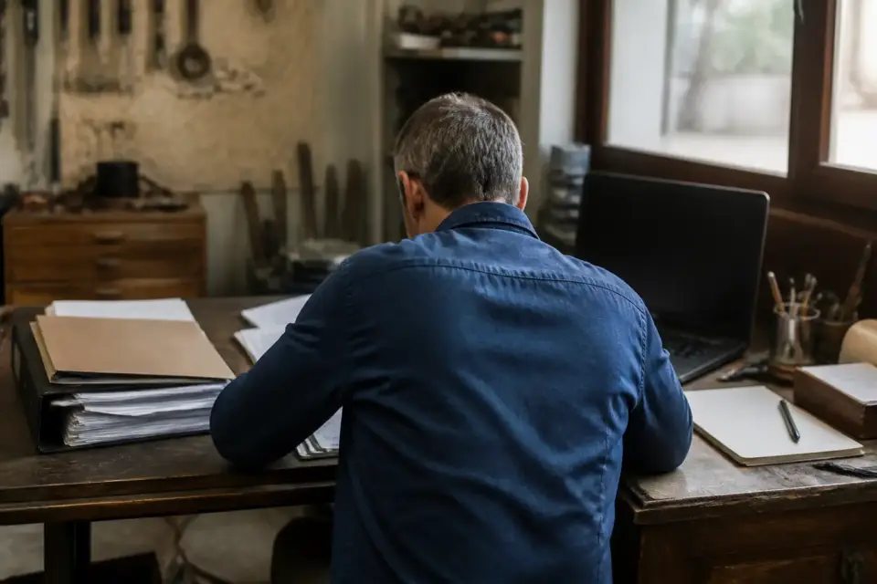Un artisan à son établi, un classeur de documents professionnels posé à côté d’un dossier personnel