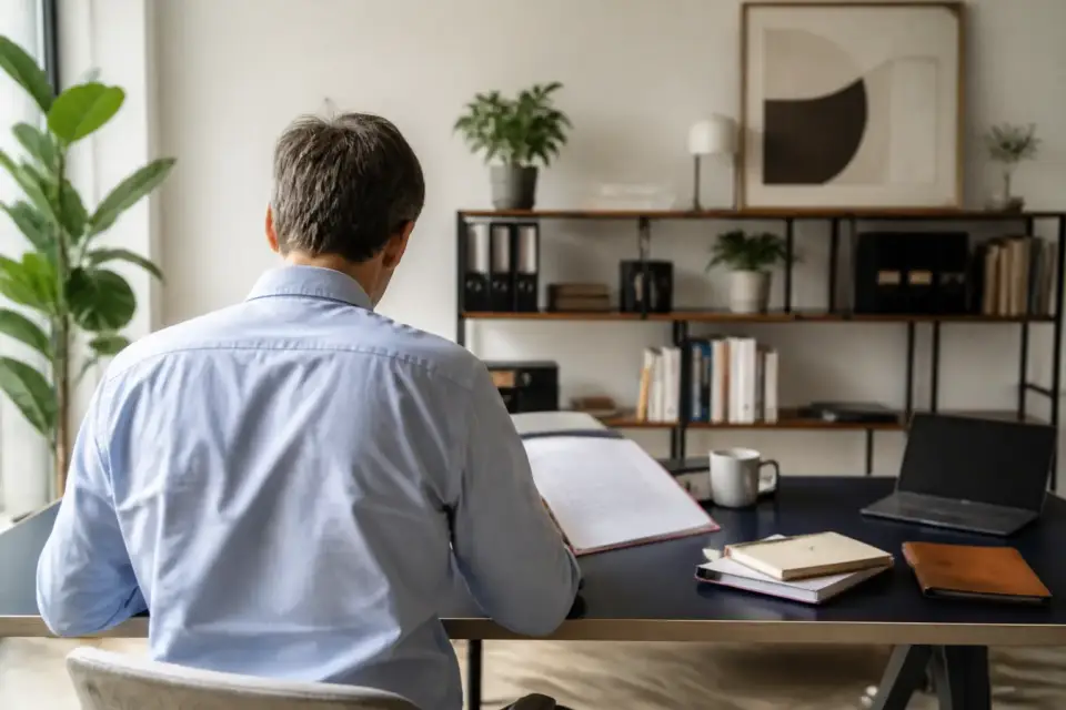 Un dirigeant seul à son bureau, statuts d’une société à associé unique ouverts devant lui