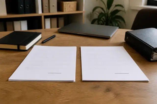Deux exemplaires de statuts posés face à face sur une table, une ligne soulignée dans chacun