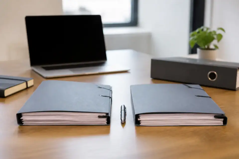 Deux dossiers de statuts côte à côte sur un bureau, l’un marqué EURL, l’autre SASU, un stylo entre eux