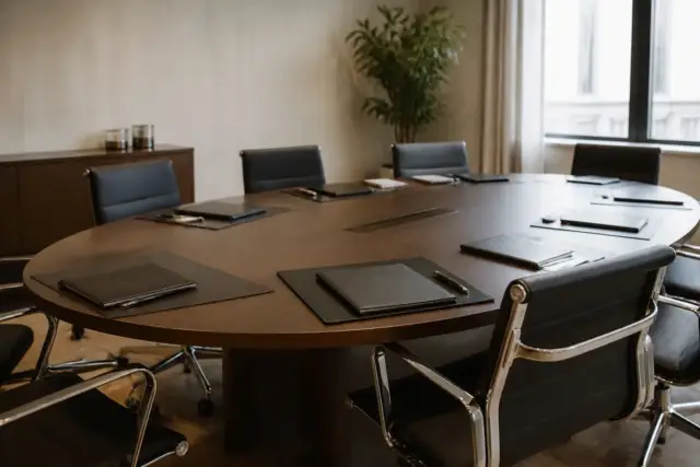 Salle de conseil d’administration vide, table ovale et dossiers de séance posés devant chaque siège