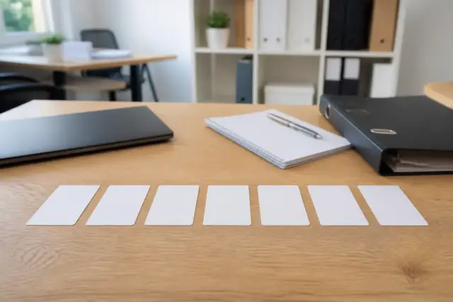 Sept cartes de visite de formes juridiques alignées sur un bureau, chacune portant un sigle différent