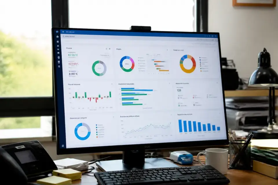 Écran affichant des graphiques de données avec tableau de bord NebulaBusiness pour l'analyse financière
