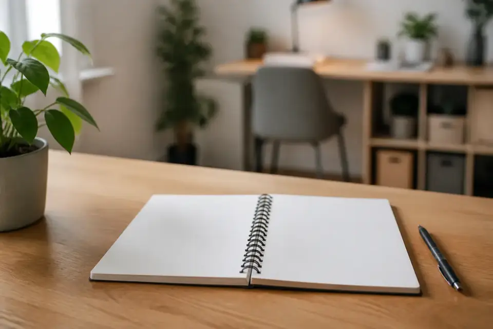 Bureau lumineux avec un grand carnet à spirale ouvert sur des pages blanches vierges, un stylo et une plante verte, aucun chiffre lisible