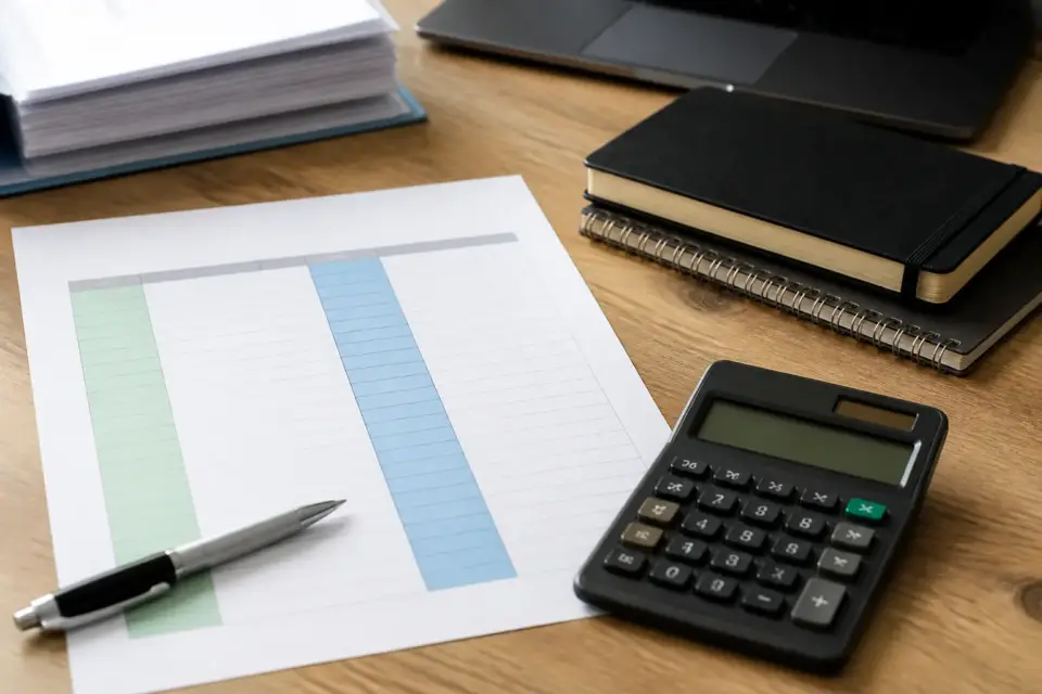 Feuille de budget annuel posée sur un bureau, une colonne de charges fixes et une colonne de charges variables, calculatrice et stylo