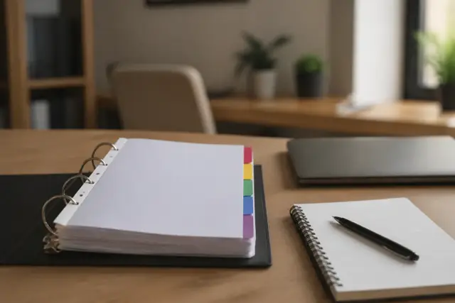 Dossier de projet ouvert sur une table, cinq intercalaires de couleurs différentes, stylo et carnet de notes à côté