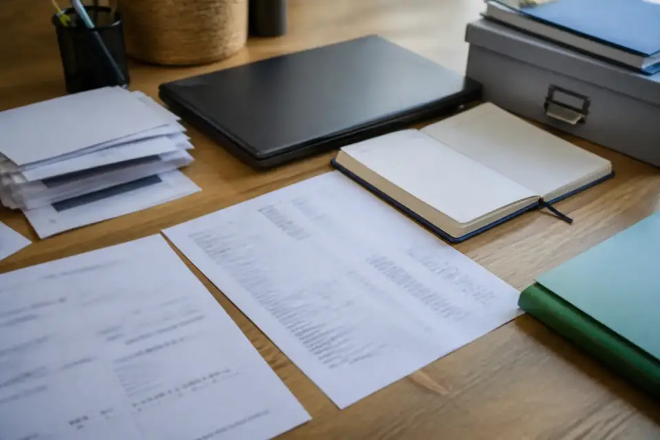 Relevé de compte bancaire étalé sur un bureau à côté d’une pile de factures à payer et d’un cahier de caisse ouvert