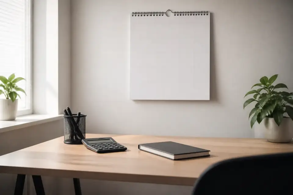 Bureau clair avec un calendrier mural vierge, une calculatrice éteinte et un carnet fermé, lumière douce, sans chiffre lisible