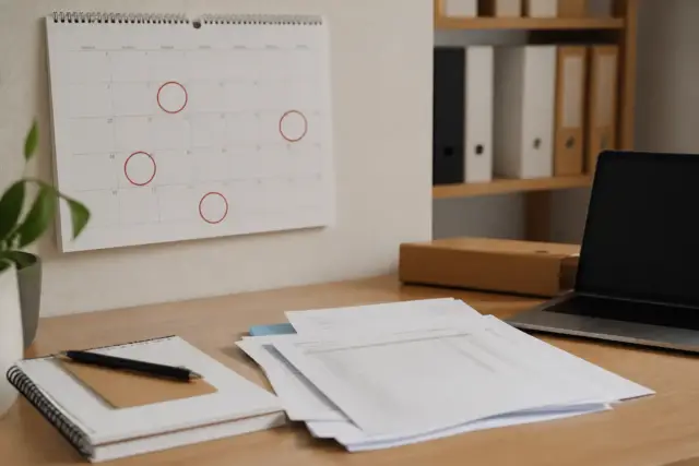 Calendrier mural avec quatre échéances entourées en mars, juin, septembre et décembre, à côté d’un relevé de compte de société