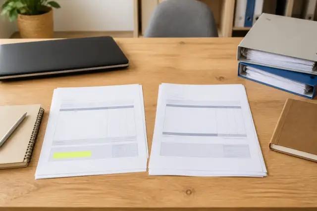 Deux factures côte à côte sur une table, l’une sans TVA avec une mention surlignée, l’autre avec une ligne de TVA collectée