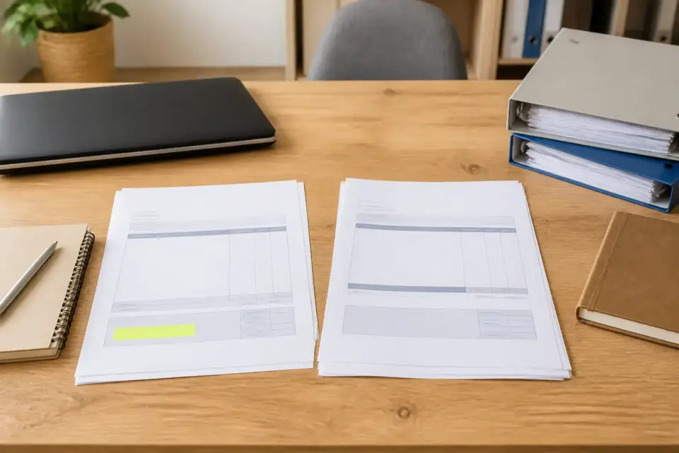 Deux factures côte à côte sur une table, l’une sans TVA avec une mention surlignée, l’autre avec une ligne de TVA collectée