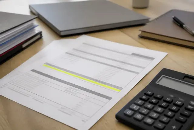 Avis d’imposition de CFE posé sur un bureau à côté d’une calculatrice, une ligne de base d’imposition surlignée