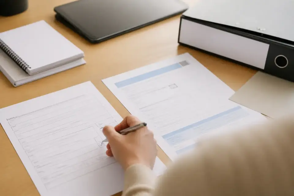 Dossier de cotisation foncière sur un bureau, une case « exonération » cochée sur un formulaire à côté de l’avis d’imposition