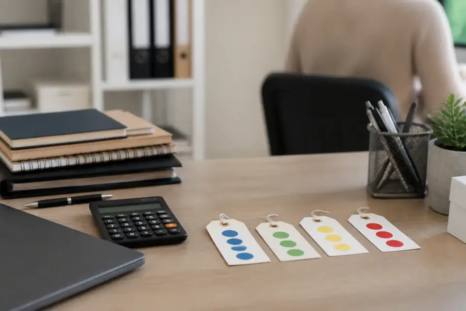 Étiquettes de prix avec quatre lignes de pourcentage différentes posées sur un comptoir, calculatrice à côté