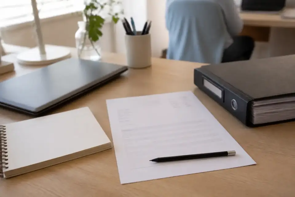 Facture posée sur un bureau, une ligne de texte en bas de page soulignée au crayon, sans colonne de TVA