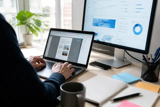 Ordinateur affichant weloveformationmarketing.fr, logiciel de newsletter, avec graphiques sur écran secondaire